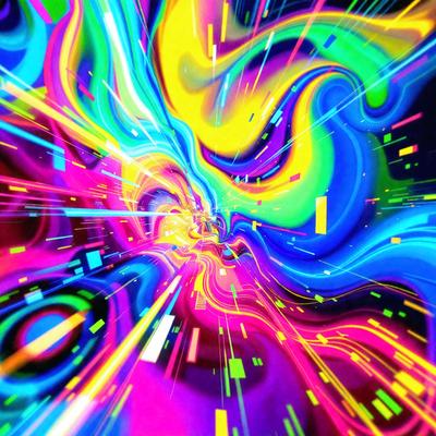 The primary subject of the image is a colorful, swirling, and abstract pattern. The setting is a black background, which contrasts with the vibrant colors of the pattern. The visual style is a mix of digital art and illustration, creating a dynamic and eye-catching design. The dominant colors are a combination of blue, yellow, and green, which contribute to a lively and energetic atmosphere.